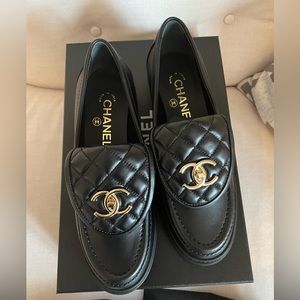 CHANEL Leather Quilted Tab Turn Lock CC Loafers Black Size 36.5